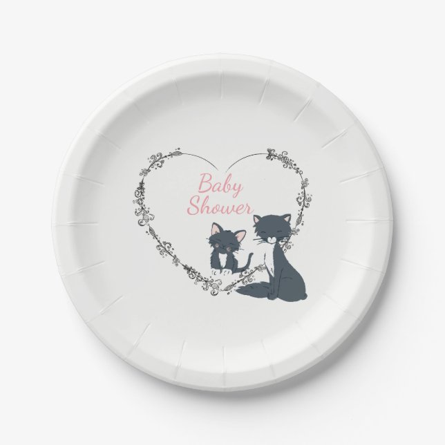 Pretty Cat, Kitten, Flower Heart Girls Baby Shower Paper Plate (Front)