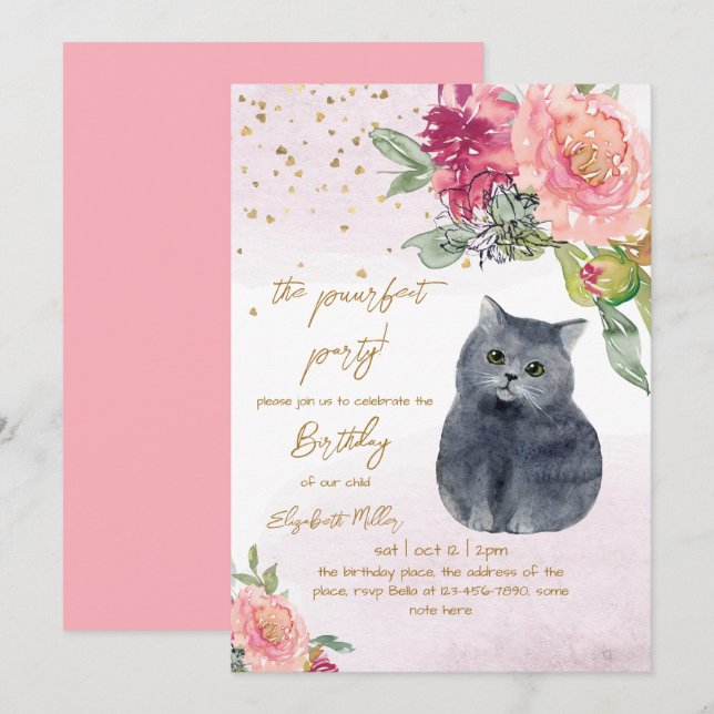 Pretty Cat Perfect Pawty (Party) Girl 2nd Birthday Invitation (Front/Back)