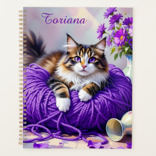 Pretty Cat with Purple Flowers and Yarn Planner
