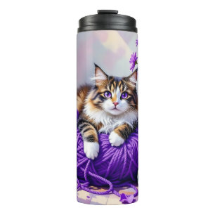 Pretty Cat with Purple Flowers and Yarn Thermal Tumbler