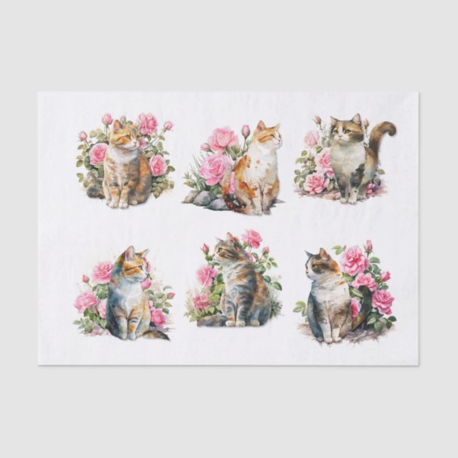 Pretty Cats in a Bed of Pink Roses Tissue Paper (Front)