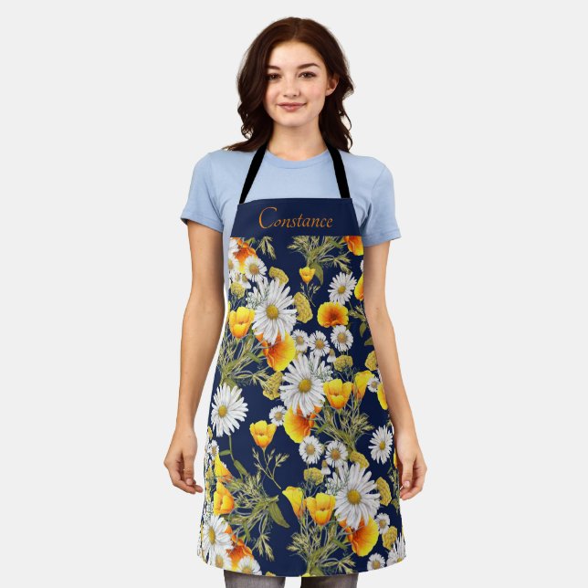 Pretty Chamomile & Poppies Pattern Personalised Apron (Worn)