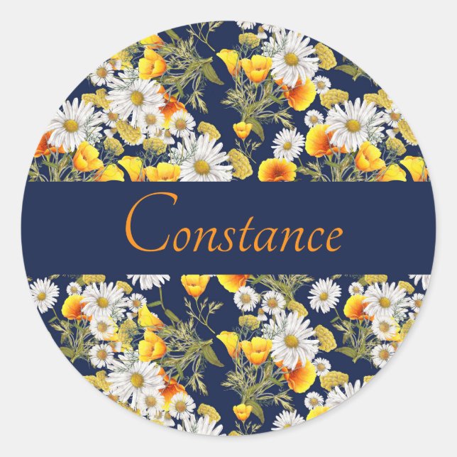 Pretty Chamomile & Poppies Pattern Personalised  Classic Round Sticker (Front)