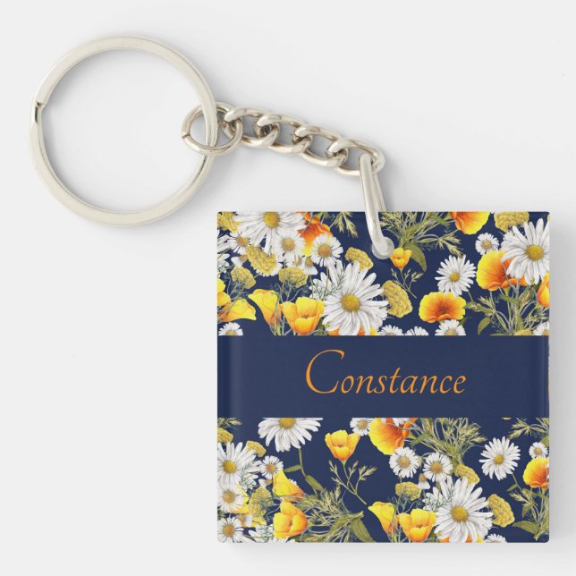 Pretty Chamomile & Poppies Pattern Personalised  Key Ring (Front)