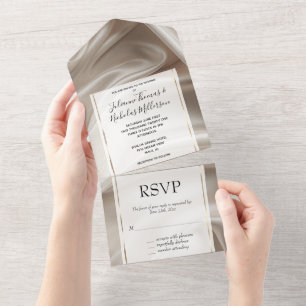 Pretty Champagne Gold Romantic Faux Satin Wedding All In One Invitation
