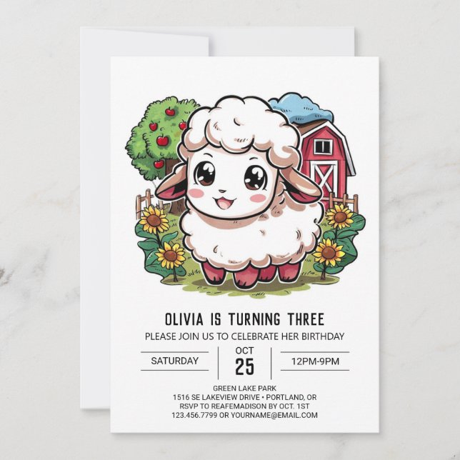 Pretty Charming Sheep Digital Birthday Invitation (Front)