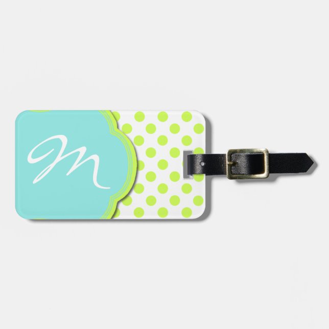 Pretty Chartreuse & Aqua Monogram Luggage Tag (Front Horizontal)