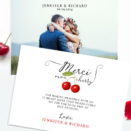 Pretty Cherries Red White Rustic Wedding Photo Thank You Card