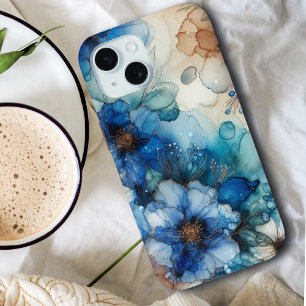 Pretty Cherry Blossom   Blue and Gold Watercolor  iPhone 15 Case