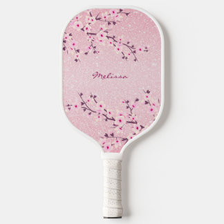 Pretty Cherry Blossom Pink Glitter Monogram Floral Pickleball Paddle