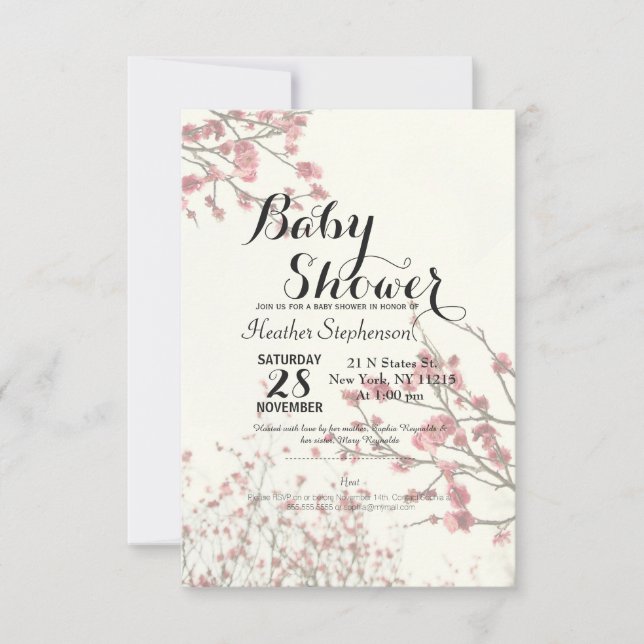 Pretty Cherry Blossom Trees on Elegant White Invitation (Front)