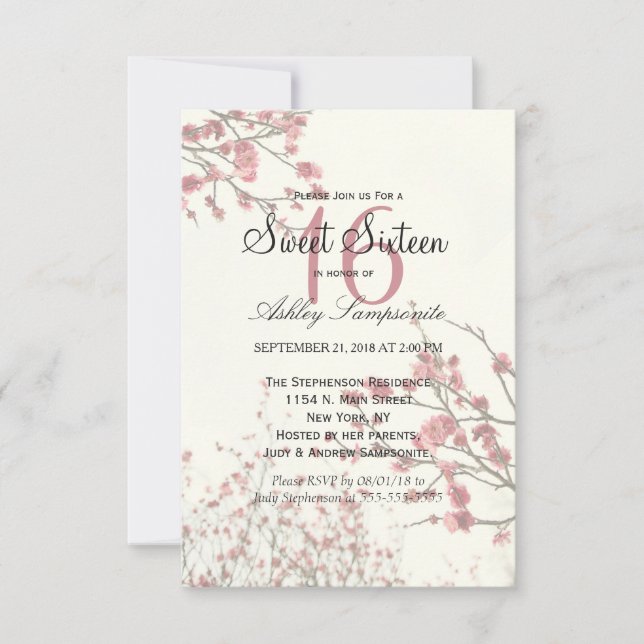 Pretty Cherry Blossom Trees on Elegant White Invitation (Front)