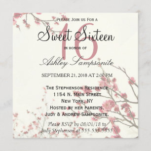 Pretty Cherry Blossom Trees on Elegant White Invitation