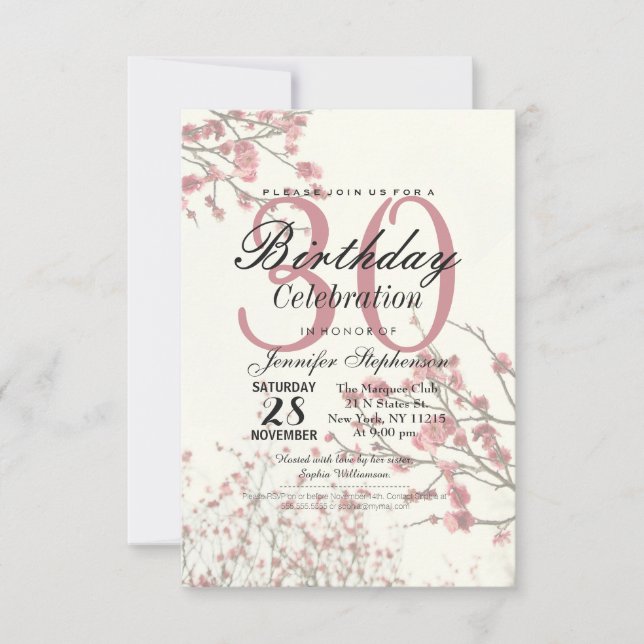 Pretty Cherry Blossom Trees on Elegant White Invitation (Front)