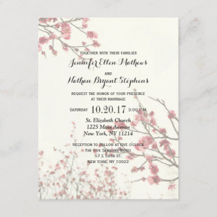 Pretty Cherry Blossom Trees on Elegant White Invitation