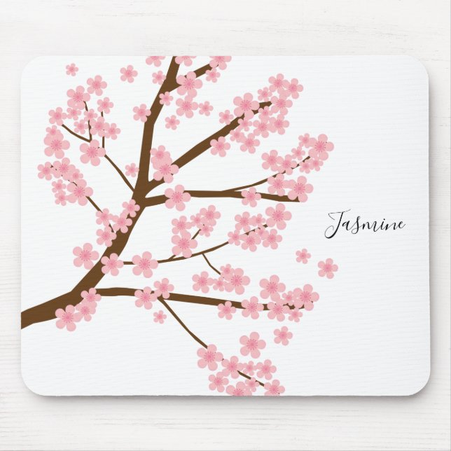 Pretty Cherry Blossoms Custom Name Lettering Cute Mouse Mat (Front)