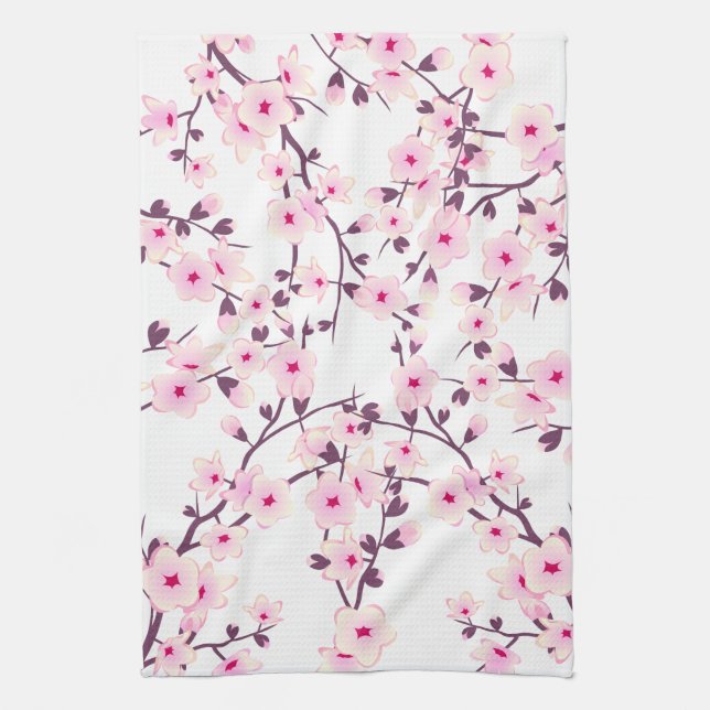 Pretty Cherry Blossoms Nature Pink White Tea Towel (Vertical)