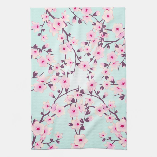 Pretty Cherry Blossoms Pink Turquoise Tea Towel (Vertical)