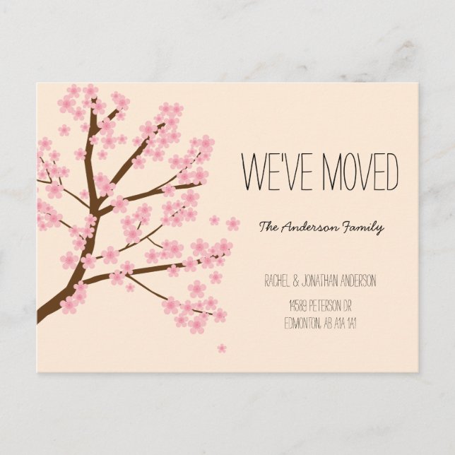 Pretty Cherry Blossoms Sakura Tree We've Moved Postcard (Front)