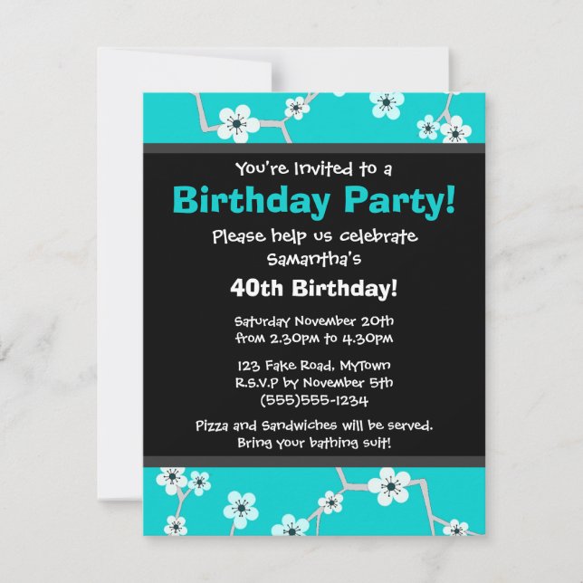 Pretty Cherry Blossums Black and Blue Party Invite (Front)