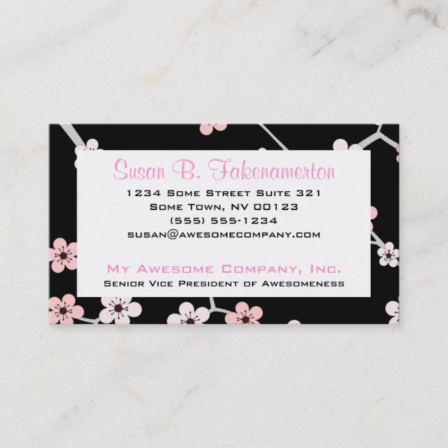 Pretty Cherry Blossums - Black and Pale Pink Business Card (Front)