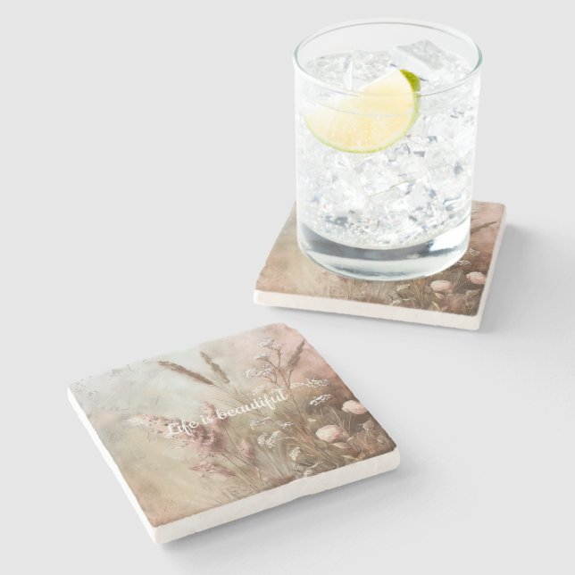 Pretty Chic Beige Blush Boho Floral  Stone Coaster (Side)