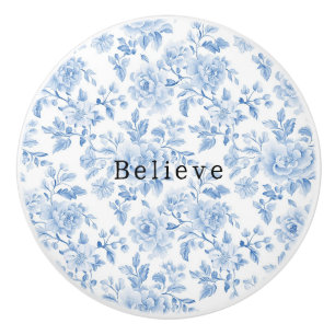 Pretty Chic Blue White Flowers Believe Ceramic Knob