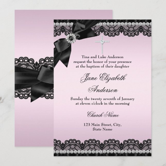 Pretty Chic Diamond Lace Pink Baptism Invite (Front/Back)
