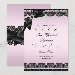 Pretty Chic Diamond Lace Pink Baptism Invite