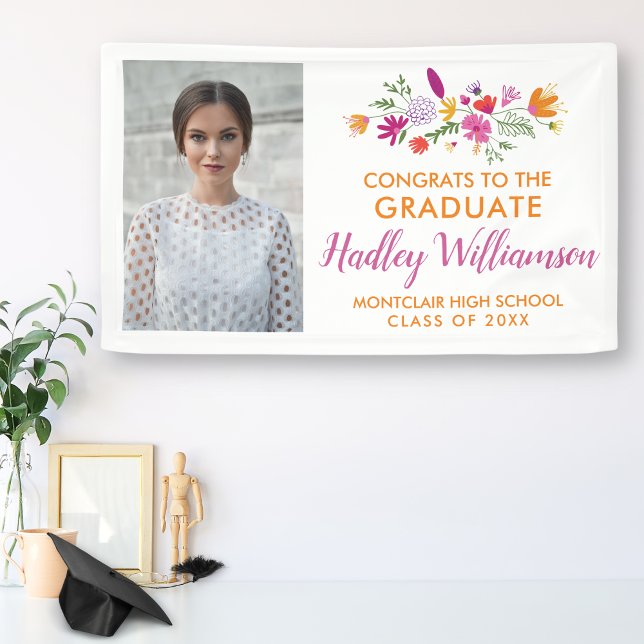 Pretty Chic Floral Graduate Photo Graduation Party Banner (Creator Uploaded)