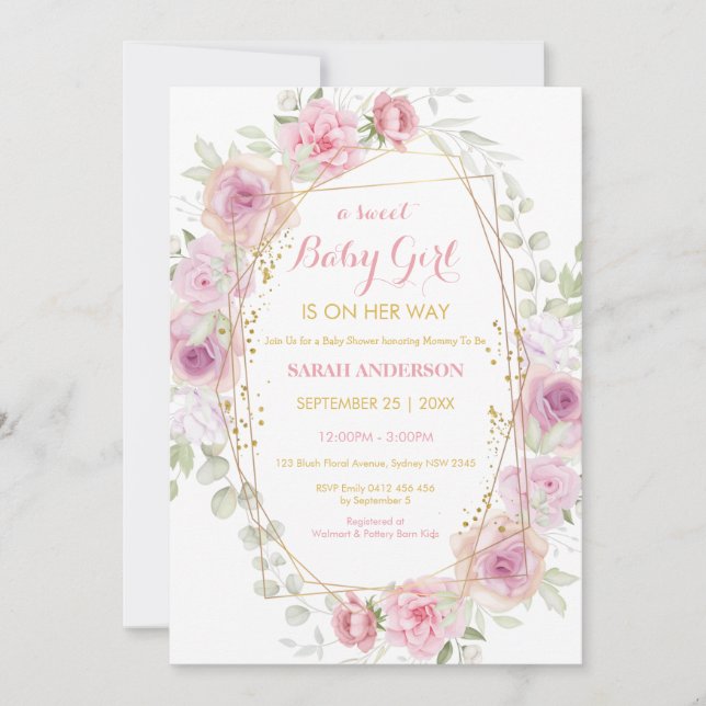 Pretty Chic Gold Glitter Pink Floral Baby Girl Inv Invitation (Front)