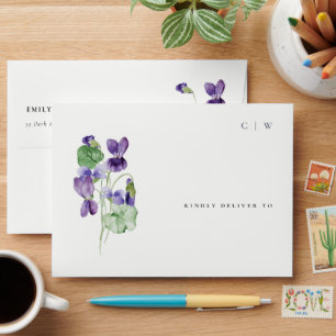 Pretty Chic Monogram Violet Floral Bunch Wedding Envelope