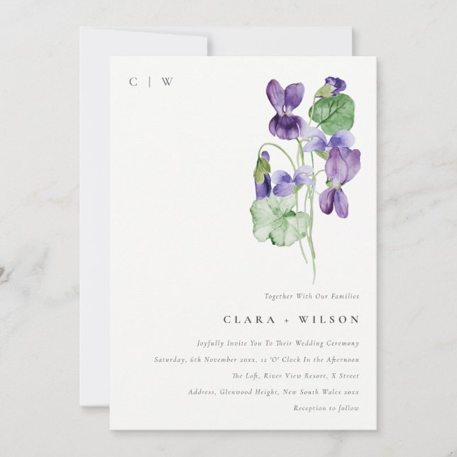 Pretty Chic Monogram Violet Floral Bunch Wedding Invitation (Front)