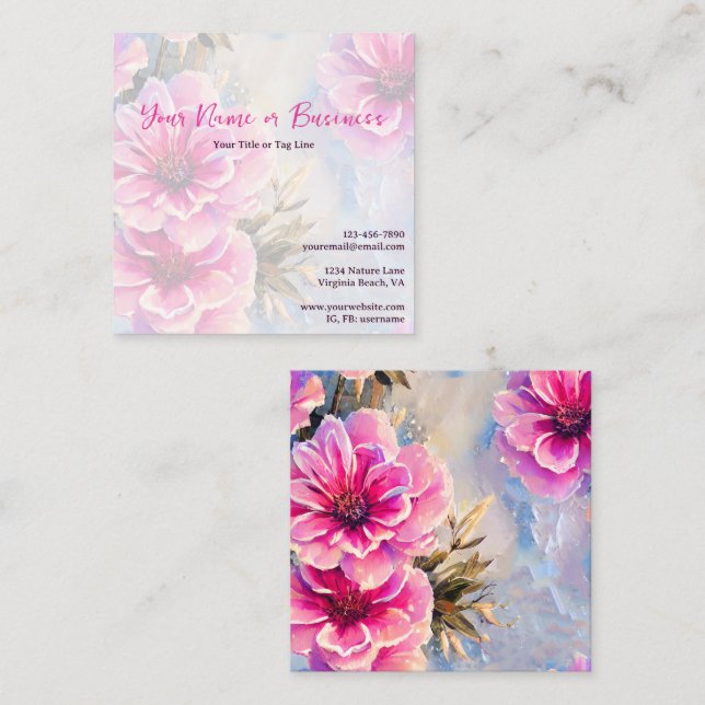 Pretty Chic Pink Flowers Floral Square Business Card (Front/Back)