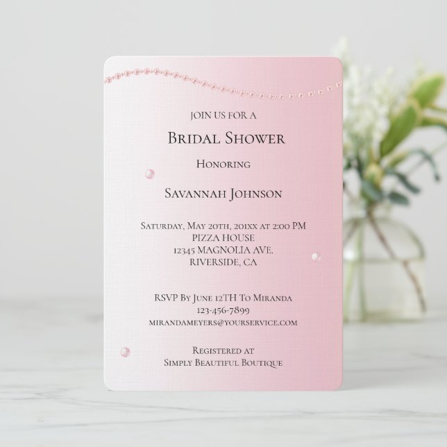 Pretty Chic Pink Pearls Bridal Shower Invitation (Standing Front)
