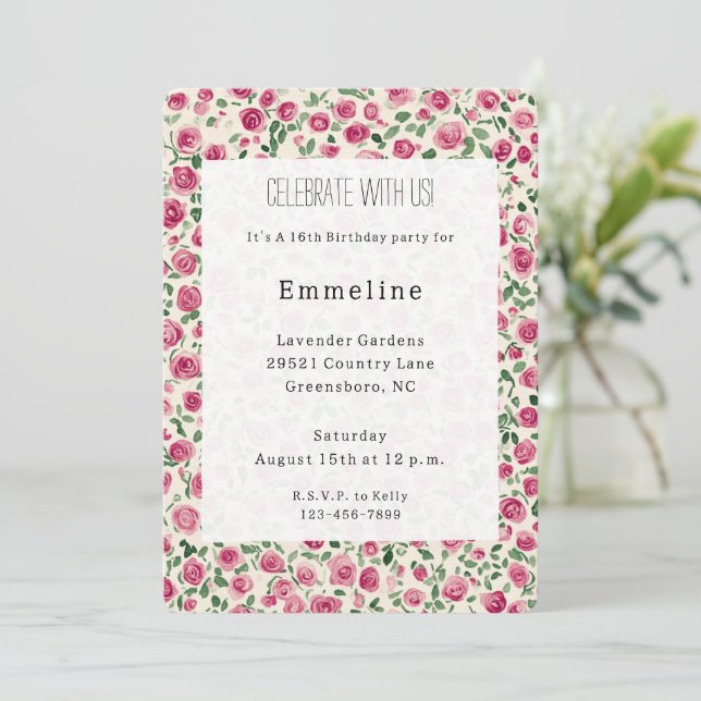 Pretty Chic Pink Roses Floral Birthday Invitation (Standing Front)