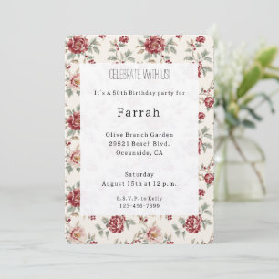 Pretty Chic Red Cream Floral Birthday   Invitation
