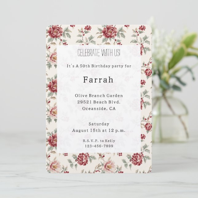 Pretty Chic Red Cream Floral Birthday   Invitation (Standing Front)