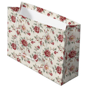 Pretty Chic Red Cream Floral Birthday Large Gift Bag