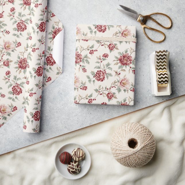 Pretty Chic Red Cream Floral Birthday Wrapping Paper (Crafts)