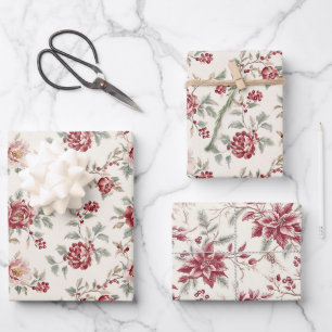 Pretty Chic Red Cream Floral Birthday Wrapping Paper Sheet