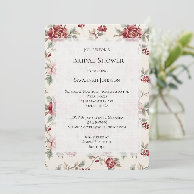 Pretty Chic Red Cream Floral Bridal Shower Invitation (Standing Front)
