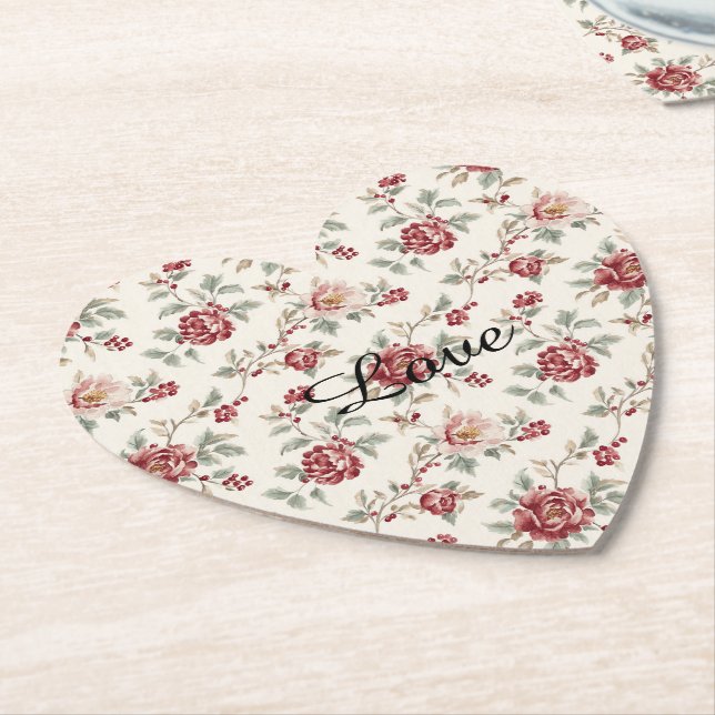 Pretty Chic Red Cream Floral   Paper Coaster (Angled)