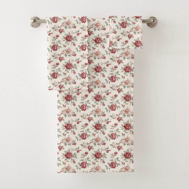 Pretty Chic Red Cream Floral Wedding Bath Towel Set (Insitu)