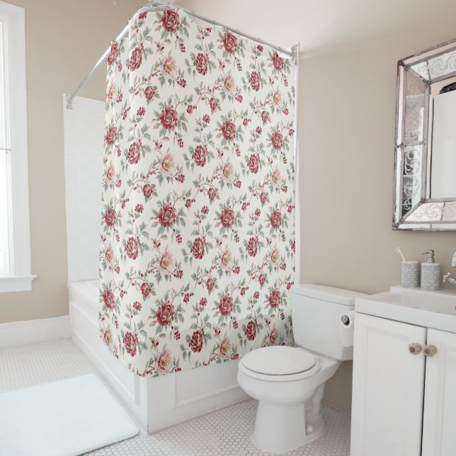 Pretty Chic Red Cream Floral Wedding Shower Curtain (In Situ)