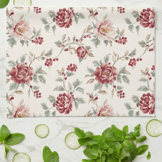 Pretty Chic Red Cream Floral Wedding Tea Towel (Folded)