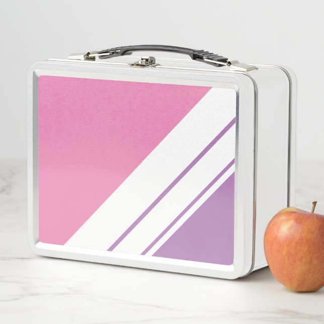 Pretty Chic Soft Pink Purple White Racing Stripes Metal Lunch Box (In Situ)