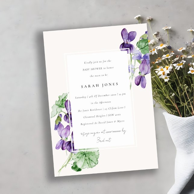Pretty Chic Watercolor Violet Floral Baby Shower Invitation (Creator Uploaded)