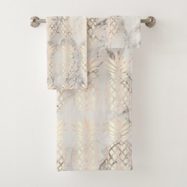 Pretty chick copper rose gold pineapple marble bath towel set (Insitu)