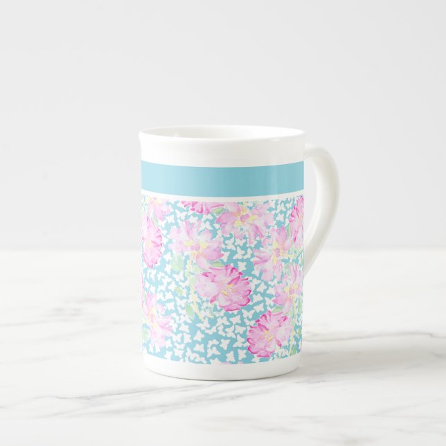 Pretty China Mug, Pink Roses, White Butterflies Bone China Mug (Front Right)